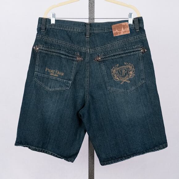 Y2K Phat Farm Denim Jean Shorts Mens SZ 36 Skater Hip Hop Jorts Streetwear Baggy - Picture 1 of 11